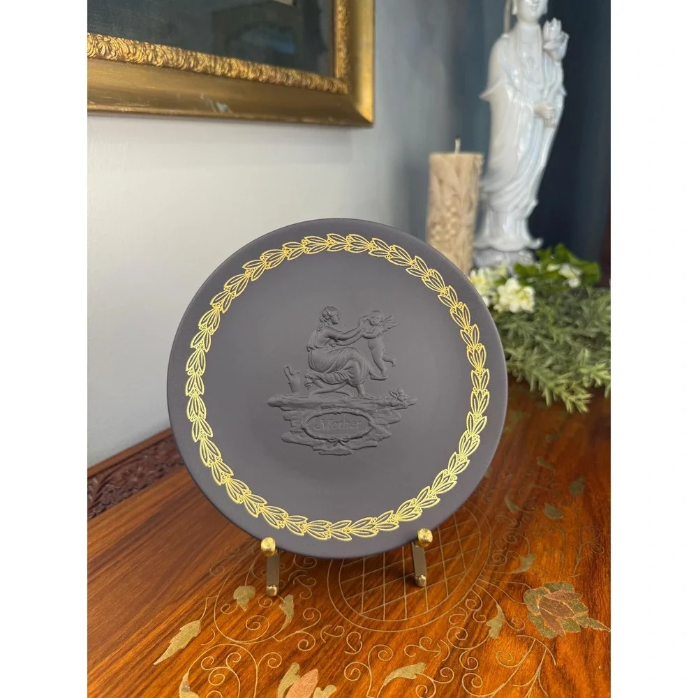 Vintage Wedgwood Mother Plate • Black Basalt Jasperware Gold Relief